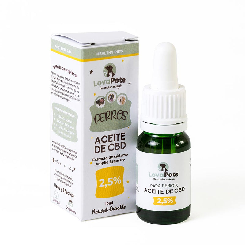 Aceite de CBD para perros con una dosis porcentual del 2,5%.